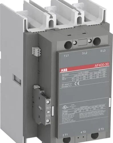 ABB AF400-30 contactor Malaysia, a three-phase industrial electrical device with a gray and silver body