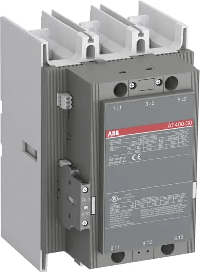 ABB AF400-30 contactor Malaysia, a three-phase industrial electrical device with a gray and silver body